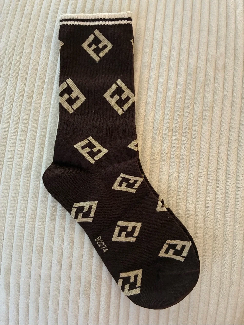 Fendi Brown Crew Socks with Beige Logo Pattern